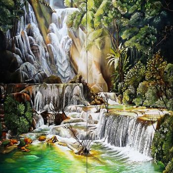 Painting titled "kuang-si-waterfalls…" by María Esperanza Ferreira Pinzón, Original Artwork, Oil