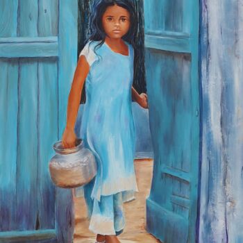Peinture intitulée "Une fillette hindoue" par Colette Tournier, Œuvre d'art originale, Huile Monté sur Châssis en bois