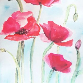 Painting titled "Coqulicots" by Coline Cabré, Original Artwork, Watercolor