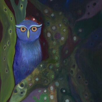 Schilderij getiteld "Secret Owl" door Collay Anne, Origineel Kunstwerk, Olie Gemonteerd op Frame voor houten brancard