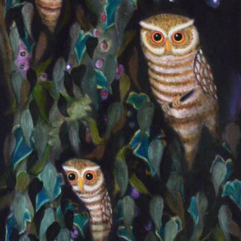 "Three Owls" başlıklı Tablo Collay Anne tarafından, Orijinal sanat, Petrol Ahşap Sedye çerçevesi üzerine monte edilmiş