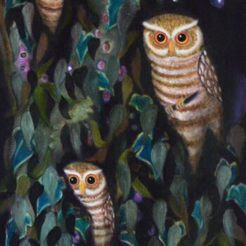 Painting titled "Three Owls" by Collay Anne, Original Artwork, Oil Mounted on Wood Stretcher frame