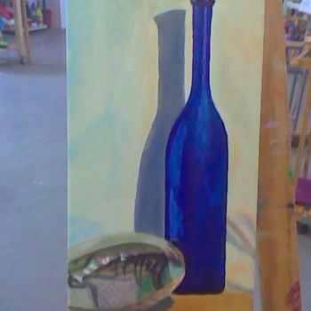 Malerei mit dem Titel "Botella azul y cara…" von María Montal Riba, Original-Kunstwerk, Öl
