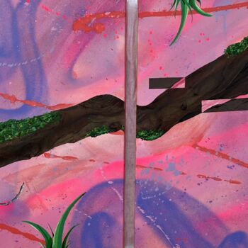 Painting titled "Branche sur fond ro…" by Comains, Original Artwork, Acrylic