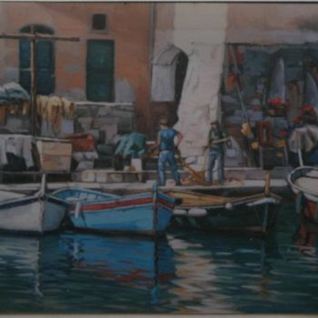 Painting titled "Gozzi all'ormeggio…" by Pierre Ventrilla, Original Artwork
