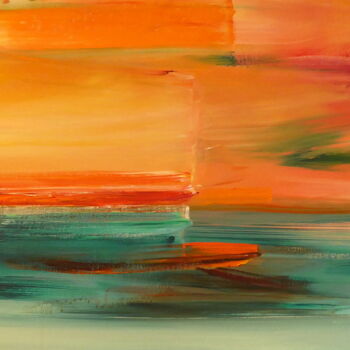 Painting titled "Yellow Pink Horizon" by Constance Robine, Original Artwork, Acrylic Mounted on Wood Stretcher frame