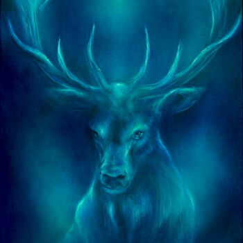 Schilderij getiteld "Blue Deer" door Constance Schroeder, Origineel Kunstwerk, Acryl Gemonteerd op Frame voor houten brancard