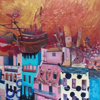 Painting titled "Città in Fiamme" by Constantin Roucault, Original Artwork, Oil Mounted on Wood Stretcher frame