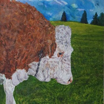 Painting titled "Young Bull" by Constantin Roucault, Original Artwork, Oil Mounted on Wood Stretcher frame