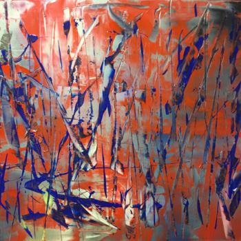 Painting titled "blue on red" by Greg Powell, Original Artwork, Enamel