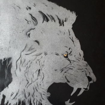 Painting titled ""Silver Lion"" by Vincent Parmentier, Original Artwork, Stencil Mounted on Wood Panel