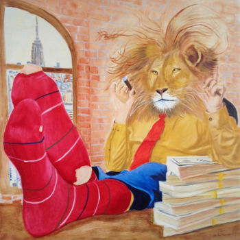 Arts numériques intitulée "Mr Lion au bureau" par Jeheleme, Œuvre d'art originale, Peinture numérique