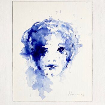 Painting titled ""Fille blue" 2024" by Hanna Sidorowicz, Original Artwork, Ink Mounted on Wood Stretcher frame