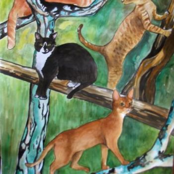 Painting titled "Cats on the trees" by Fernanda Costa, Original Artwork