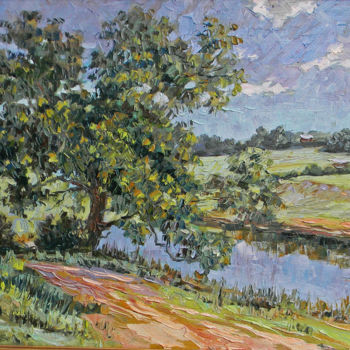 Painting titled "ДЕРЕВНЯ У РЕКИ" by Vladimir Andreev, Original Artwork, Oil