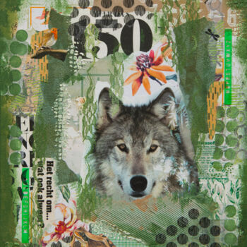 Collages intitulée "Wolf" par Cora Westerink, Œuvre d'art originale, Collages Monté sur Châssis en bois