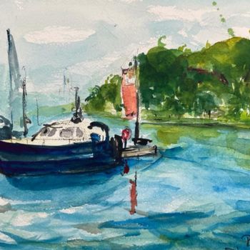 Painting titled "Boot im Hafen" by Corason, Original Artwork, Watercolor