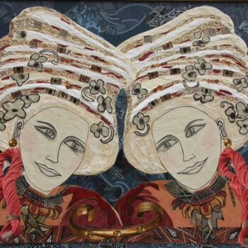 Collages getiteld "Les Âmes-Soeurs" door Corinne Barnett, Origineel Kunstwerk, Collages Gemonteerd op Frame voor houten bran…