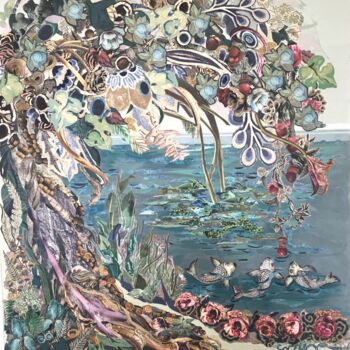 「Éden - Les poissons」というタイトルのコラージュ Corinne Barnettによって, オリジナルのアートワーク, コラージュ ウッドストレッチャーフレームにマウント