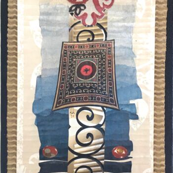 Collages getiteld "Broderie japonaise" door Corinne Barnett, Origineel Kunstwerk, Collages Gemonteerd op Frame voor houten b…