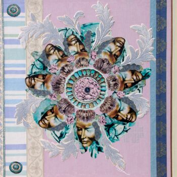 「Rosace visages」というタイトルのコラージュ Corinne Barnettによって, オリジナルのアートワーク, コラージュ ウッドストレッチャーフレームにマウント