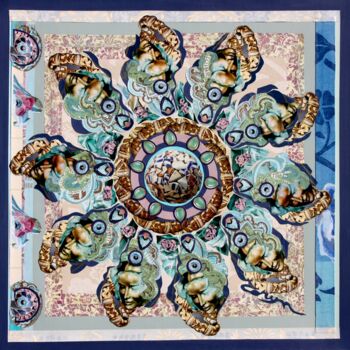 Collages titled "Roue inca" by Corinne Barnett, Original Artwork, Collages Mounted on Wood Stretcher frame