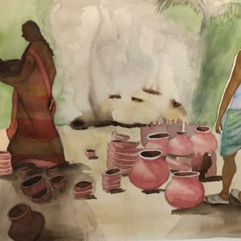 Pintura intitulada "potiers en Inde" por Corinne Cauquil, Obras de arte originais, Aquarela