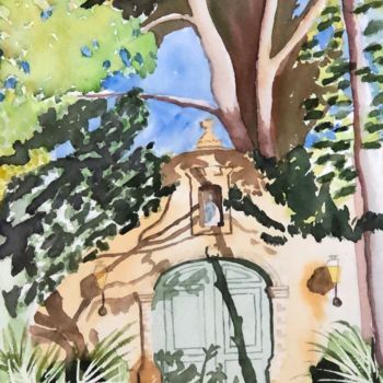 Painting titled "vieille porte et om…" by Corinne Cauquil, Original Artwork, Watercolor