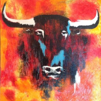 Painting titled "Taureau, el fuégo !" by Corinne Delorme (Lagrandeco), Original Artwork, Acrylic