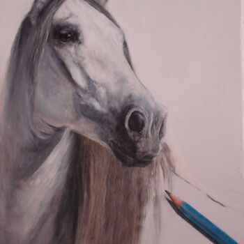 Painting titled "cheval au crayon bl…" by Corinne Perrier, Original Artwork, Gouache