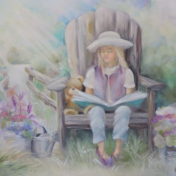 Peinture intitulée "lecture-au-jardin.j…" par Corinne Riviere, Œuvre d'art originale, Huile