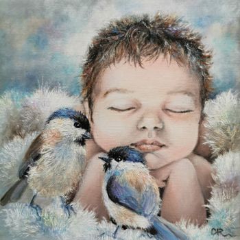Peinture intitulée "Bébé et les mésanges" par Corinne Riviere, Œuvre d'art originale, Acrylique