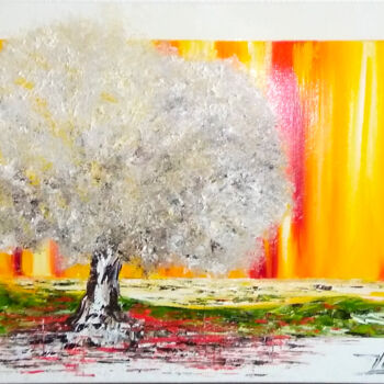 Картина под названием "L’amandier" - Corinne Vilcaz, Подлинное произведение искусства, Масло Установлен на Деревянная рама д…