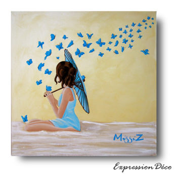 Painting titled "Les papillons bleus" by Corinne Duran, Original Artwork