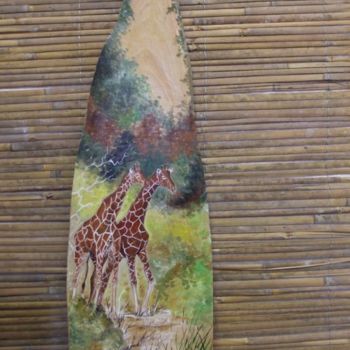 Pittura intitolato "girafes sur bois" da Corinne Lasséré, Opera d'arte originale, Gouache
