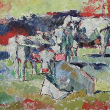 Malerei mit dem Titel "Cows with their yea…" von Cornelis Heilig (Cornelus), Original-Kunstwerk, Öl