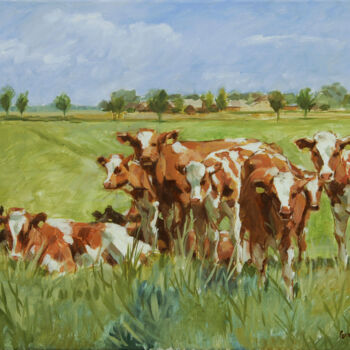 Painting titled "Yearlings on a dike…" by Cornelis Heilig (Cornelus), Original Artwork, Oil