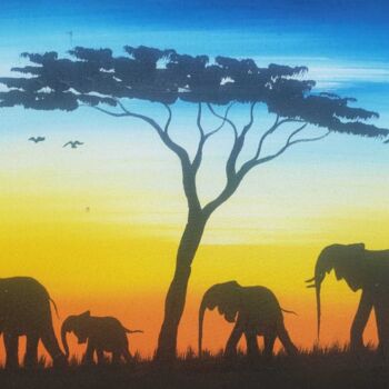 Painting titled "Sunset elephants" by Cornelius Mugisha, Original Artwork, Acrylic