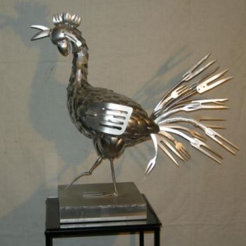 Sculpture titled "coq fourchette à gi…" by Philippe Affagard, Original Artwork, Metals
