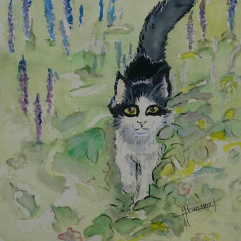 Painting titled "♥ Petit chat extrao…" by Françoise Lanfroy-Rancurel, Original Artwork, Watercolor