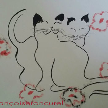 Drawing titled "♥ Chats en Amour ♥1…" by Françoise Lanfroy-Rancurel, Original Artwork, Ink