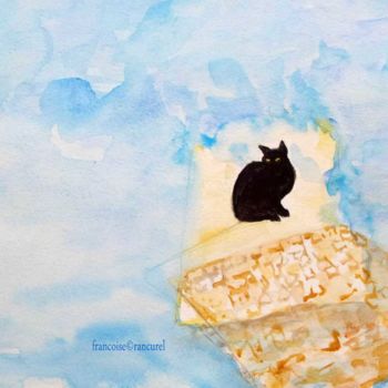 Painting titled "♥ Rêves de chat ♥ 96" by Françoise Lanfroy-Rancurel, Original Artwork, Watercolor