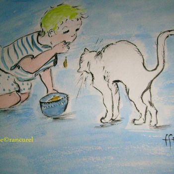 Painting titled "♥ BB et chaton ♥ 40" by Françoise Lanfroy-Rancurel, Original Artwork, Watercolor