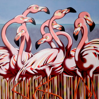 Malerei mit dem Titel "Flamingoes" von Federico Cortese, Original-Kunstwerk, Öl Auf Keilrahmen aus Holz montiert