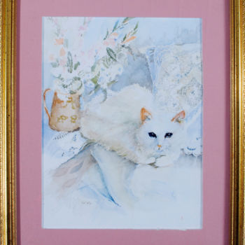 Painting titled "CHAT BLANC" by Cosette Dubois, Original Artwork, Watercolor