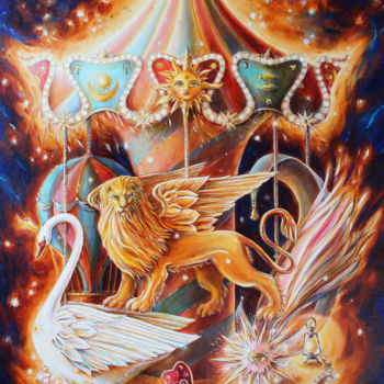 Painting titled "SPACE CAROUSEL" by Irina Markevich, Original Artwork, Oil Mounted on Wood Stretcher frame