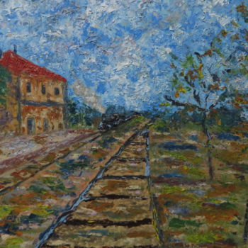 Pittura intitolato "La vecchia stazione…" da Andrea Cossu, Opera d'arte originale, Olio