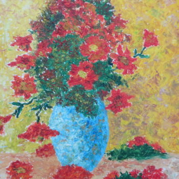 Painting titled "Vaso di fiori rossi" by Andrea Cossu, Original Artwork, Oil Mounted on Wood Stretcher frame