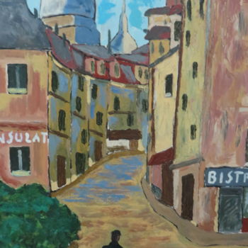 Painting titled "Salita a Montmartre" by Andrea Cossu, Original Artwork, Oil Mounted on Wood Stretcher frame