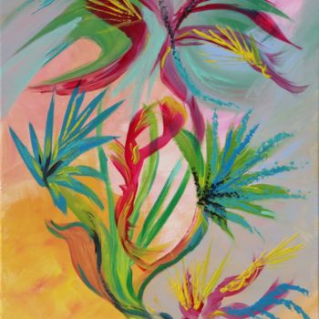 Painting titled "Fleurs tropicales" by Myriam Courty, Original Artwork, Acrylic Mounted on Wood Stretcher frame